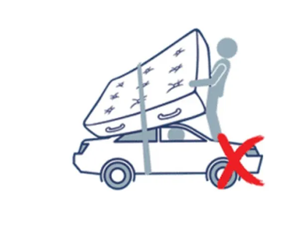 Line drawing of a mattress strapped to a car roof, crossed out