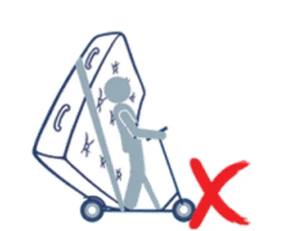 Line drawing of a person riding a scooter with a mattress, crossed out