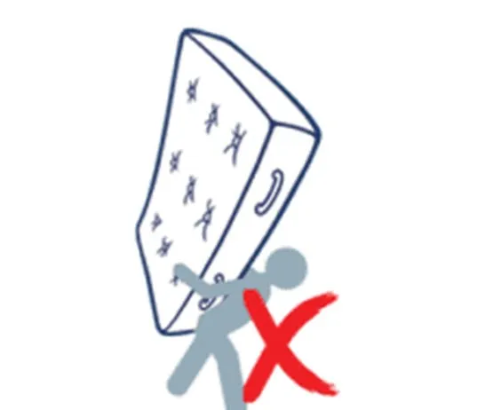 Line drawing of a person carrying a mattress on their back, crossed out