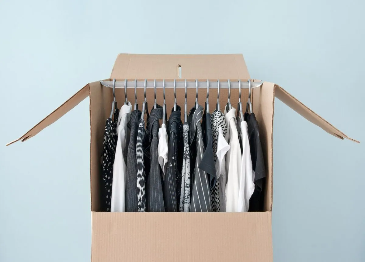 Clothes packed on a rail inside a wardrobe box